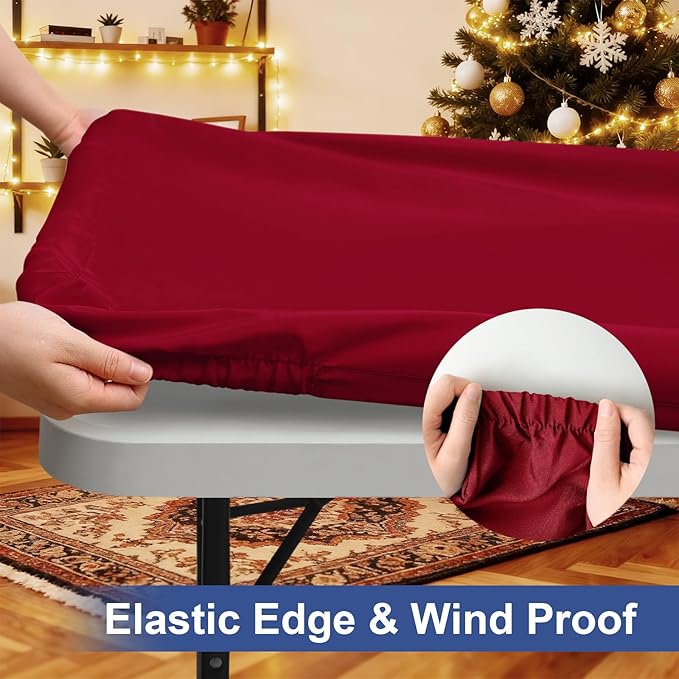 homing Rectangle Table Cloth Cover, Waterproof Polyester Elastic Fitted Tablecloth, Fits for 4 Foot Folding Tables, Washable Table Protector for Picnic, Camping, Outdoor (Wine Red, 30" x 48")