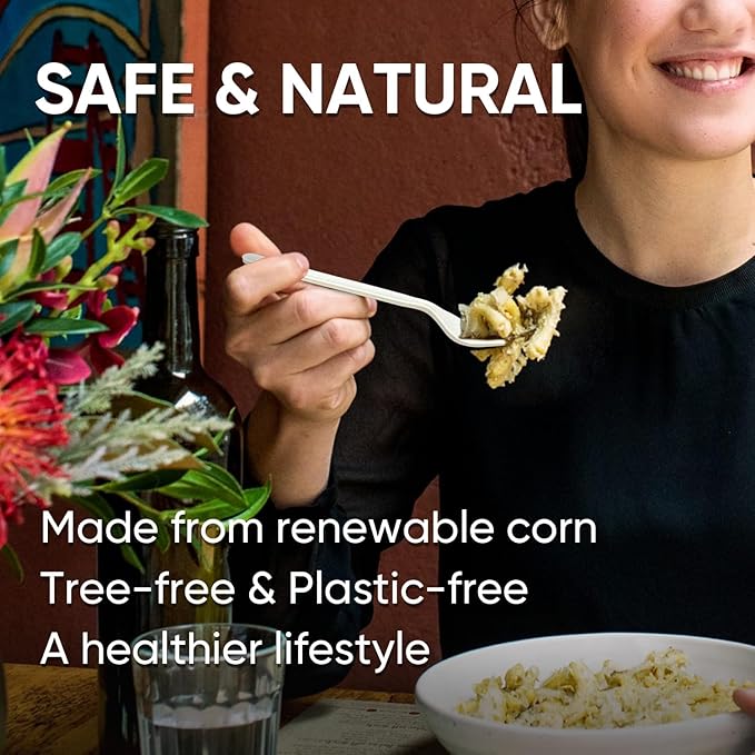 Compostable Forks and Spoons Bulk 300 Count Disposable Compostable Cutlery 100% No Plastic Silverware Heavy Duty Forks Spoons Biodegradable Utensils