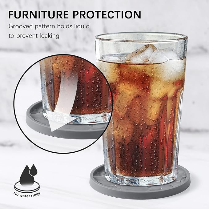 ME.FAN Silicone Coasters with Holder,[6 Pack] Drinking Coasters - Cup Mat for Hot or Cold Drinks, Thickened, Non-Slip, Non-stick,Deep Tray Coffee