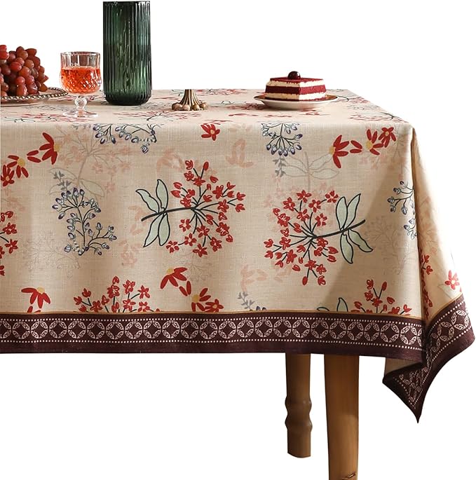 patdrea Designer French Linen Long Rectangle Tablecloth for Rectangle Table,Vintage Red Floral Tablecloths,Table Cover for Kitchen Dining,Tea Party,Christmas,Thanksgiving,Holiday,63"x102"-Newmari