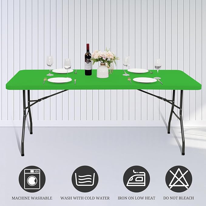 6 Pack Fitted Tablecloth for 8 Foot Rectangle Tables, Green Elastic Outdoor Picnic Table Cover, Washable Stretch Folding Table Cloths 8 ft for Camping Party Patio Kitchen Banquet, 30" W x 96" L