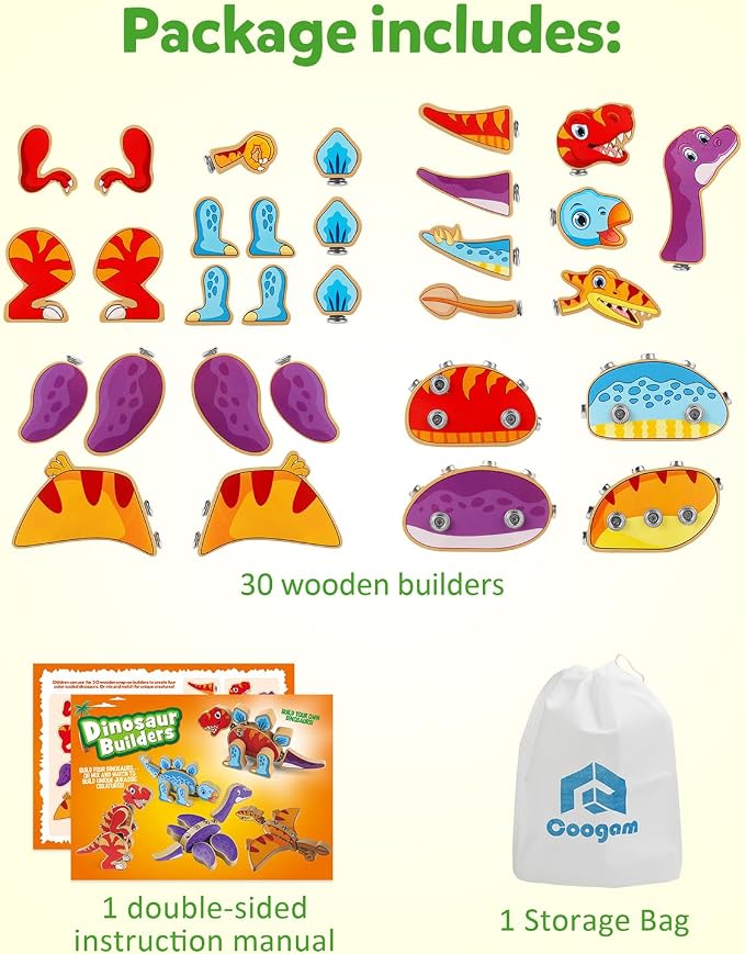 Coogam Dinosaur Snap Together Building Toys, Wooden Take Apart Dinosaur Playset, STEM Montessori Educational Fine Motor Skill Toy Gift for 3 4 5 Years Old Kids