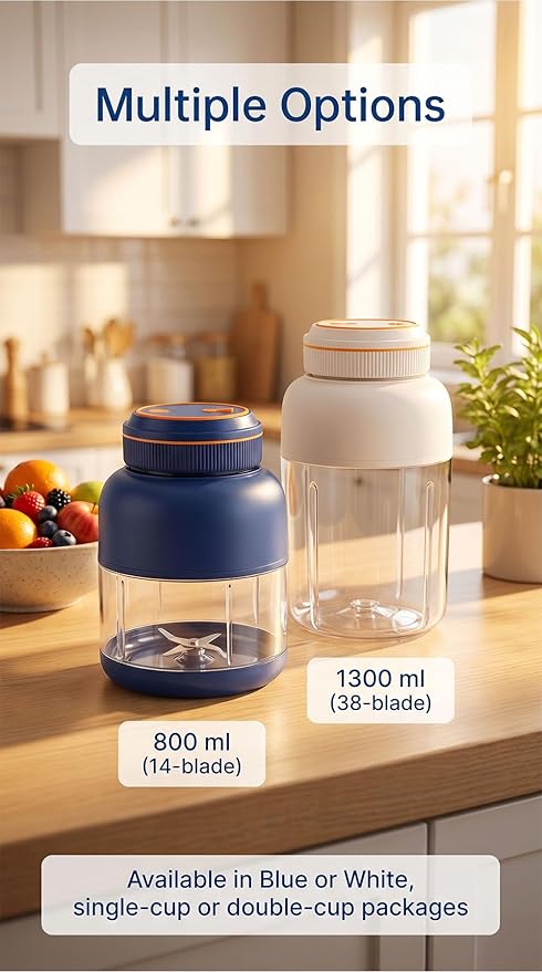 Portable Wireless Juicer Cup - 44 oz Cordless Blender with 38-Blade 18000 RPM High-Speed Motor, USB-C Rechargeable Personal Smoothie Maker for Gym, Travel, and Outdoors (Double Cup-White,28oz)