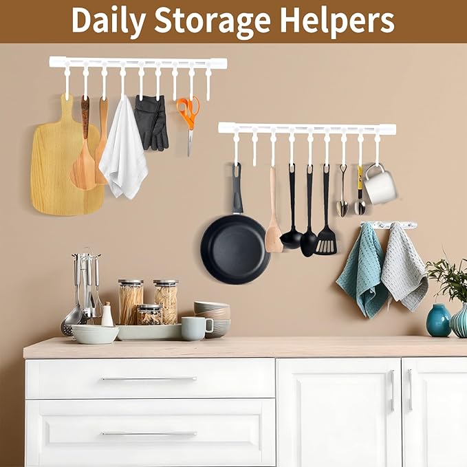 Kitchen Utensil Hanging Rack - Hooks for Kitchen Utensils, No Drilling Wall Mounted Utensils Holder, Kitchen Rail Rack with 10 Hooks Hanger for Bedroom Bathroom (Pack of 4)