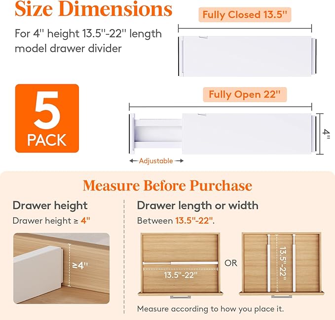Lifewit 5 Pack 4" High Drawer Dividers 34-56cm/13.5-22" Adjustable Drawer Organizer for Clothes/Utensils, Expandable Drawer Separator in Dresser/Kitchen/Bedroom/Office Organization & Storage White