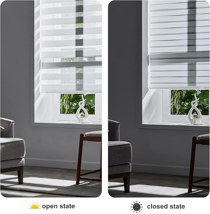 Persilux Cordless Zebra Blinds for Windows, Room Darkening Roller Shades for Windows (18" W x 64" H, White) Light Control for Day and Night Light Filtering Sheer Shades for Home and Bedroom
