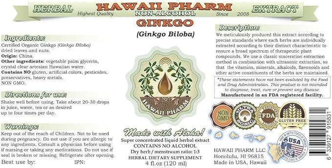 Ginkgo Alcohol-Free Liquid Extract, Organic Ginkgo (Ginkgo Biloba) Dried Leaf Glycerite Hawaii Pharm Natural Herbal Supplement 64 oz