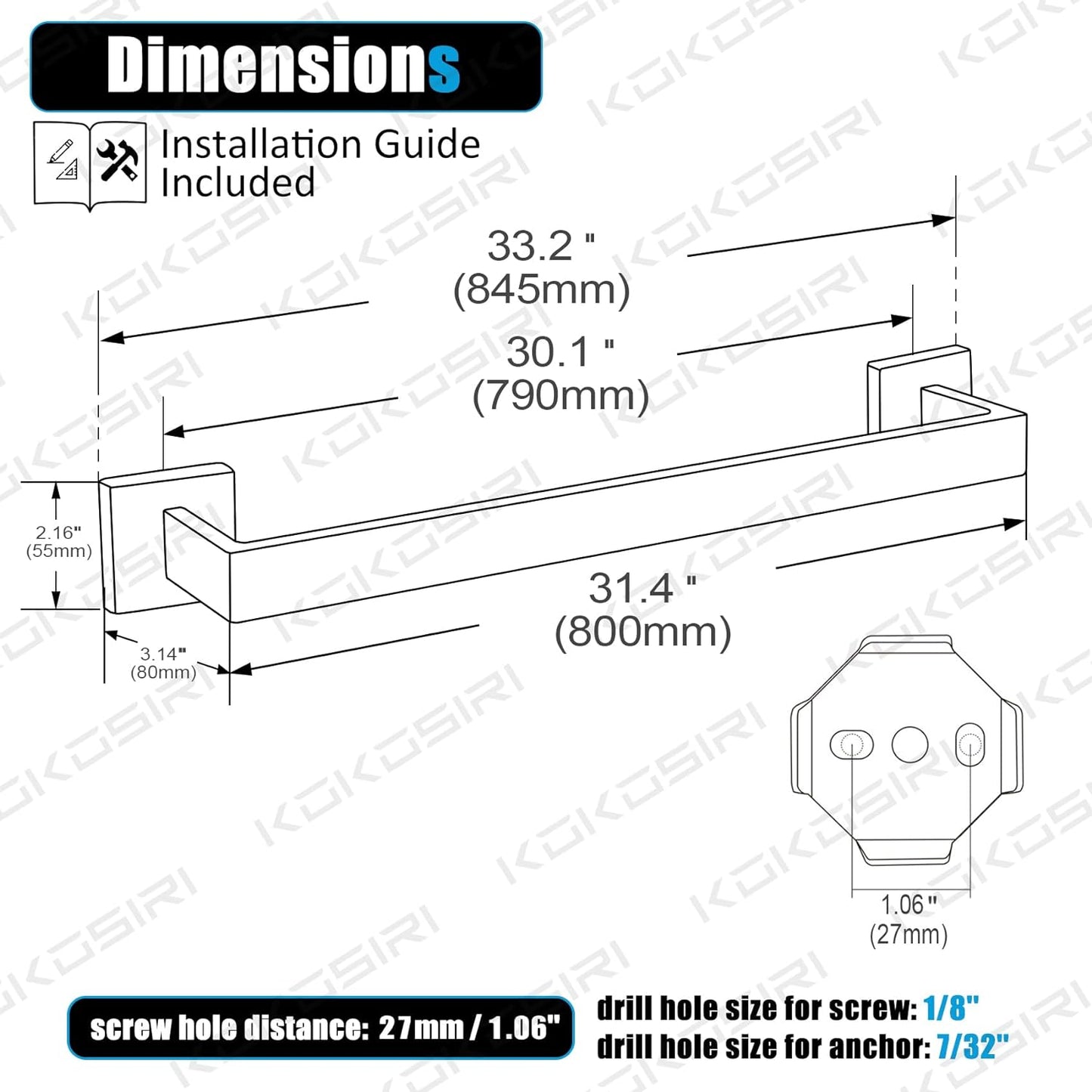 KOKOSIRI 32-Inch Single Towel Bar, Bathroom Kitchen Towel Holder, Wall Mounted SUS304 Stainless Steel Towel Rack 2 Pack, Matte Black, B4003BK-L32-P2