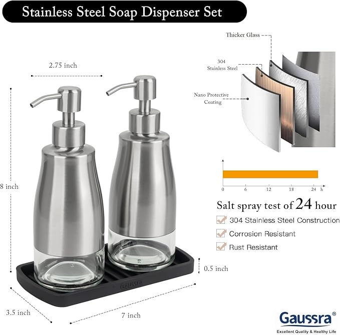 Gaussra Kitchen Soap Dispenser Set with Silicone Tray and Stickers - Brushed Nickel, Stainless Steel Glass Soap Dispenser Bathroom, Refillable Hand Dish Dispenser for Kitchen Sink