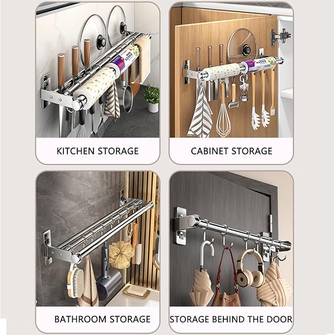 Hanging Wall Mount knife Wall Mount, Kitchen Organizer Storage Shelf for Utensils Spatula Spoon, Space-Saving Knife Rack with Hooks,Wall-Mounted Utensil Holder (Grey, 40CM+Single Pole+6Hooks)