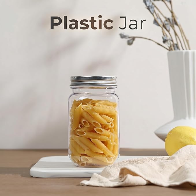 novelinks 16 oz Clear Plastic Jars with Lids, Refillable 16oz Mason Jars with Lids & Storage Containers for Kitchen & Household Use (5 Pack,Silver)