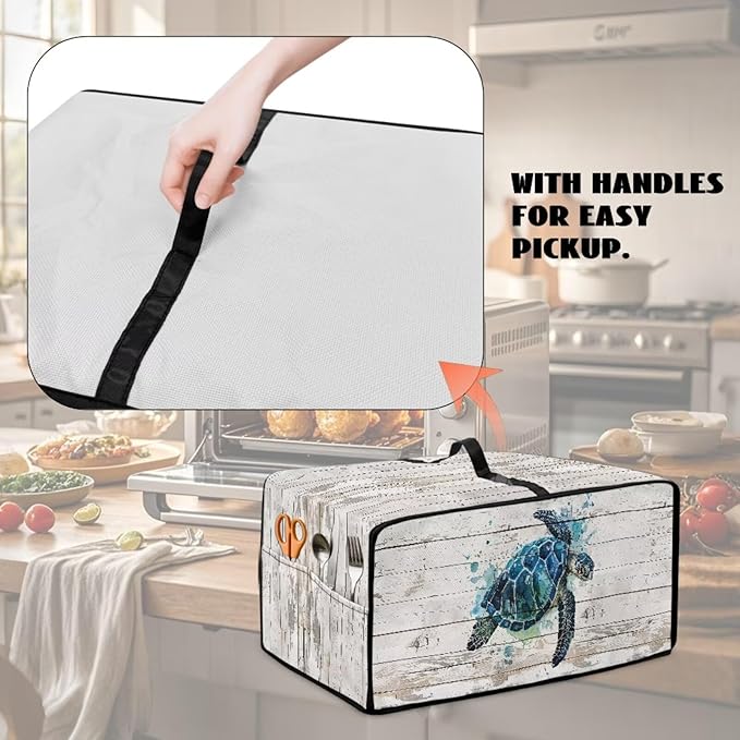 Air Fryer Toaster Oven Cover with Side Pockets, Protective Electrical Appliance Cover Kitchen Countertop Accessories and Decor, L, Watercolor Sea Turtle Wood Grain