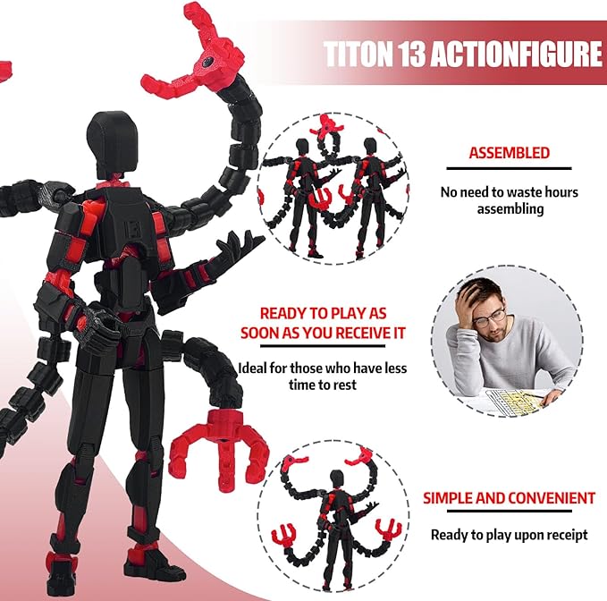T13 Already Assembled Action Figure Accessories,T13 Multi-Jointed Movable,for Collectors Desktop Decorations t-13 Movability 3D Printed Toys (Black Red, 7.2inch)