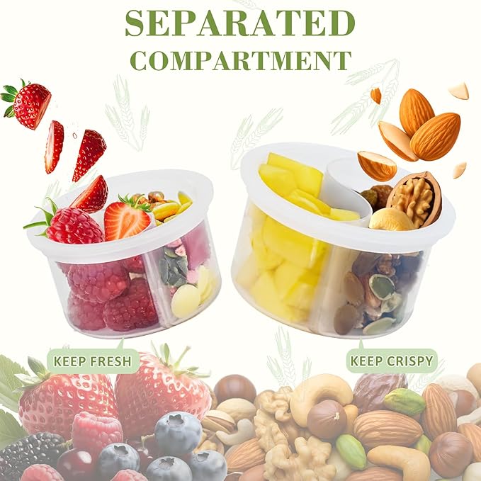 Miuyhji Overnight Oats Containers with Lids, 2-Pack Glass Mason Jars 16 oz with Lids, Folding Spoons and Separated Compartment, for Chia Pudding, Yogurt, Salad, Parfait Cups (Gray/Purple)