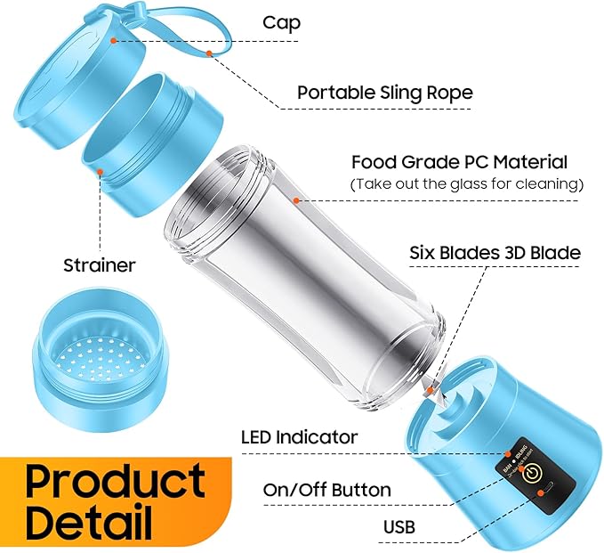 Cordless Personal Size Portable Blender - 380Ml Blender Smoothies and Shakes, BPA Free Traveling Juice Cup with Powerful Blending, Freshly Squeezed in Sports/Travel/Home