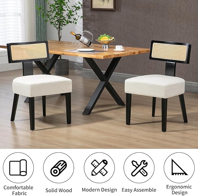Dining Chairs Set of 2,Mid-Century Modern Dining Chairs-Upholstered Rattan Seats with Black Hardwood Frame, Farmhouse Curved Backrest Armless Kitchen Chairs for Kitchen, Dining & Living Room, Cream