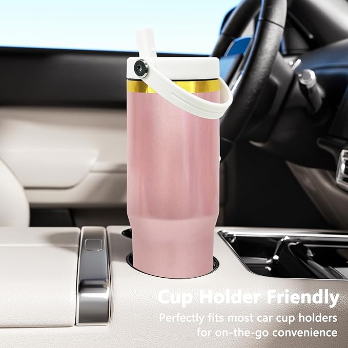 30 oz Tumbler with Handle and Straw, Vacuum Insulated Tumblers with Flip Straw and Top Handle, Leakproof Powder Coated Tumbler, Stainless Steel Travel Mug for Coffee Water (RoseGold, 1Pack)