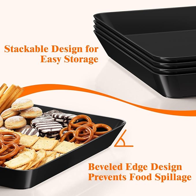 SpaceTrove 10-Pack Serving Tray Set, Reusable Plastic Serving Platter for Party Supplies, Entertaining, Grilling Accessories, Stackable Kitchen Snack Container for Dessert, Fruit, Cookie, (Black)