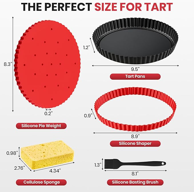 Tart Pan Kit,9 Inch Tart Pans with Removable Bottom,Non-stick Fluted Quiche Pan with Silicone Crust Shaper,Pie Weights,Brush,Sponges,Quiche Baking Dish Tart Molds For Baking Fruit Tarts,Pies & Quiches