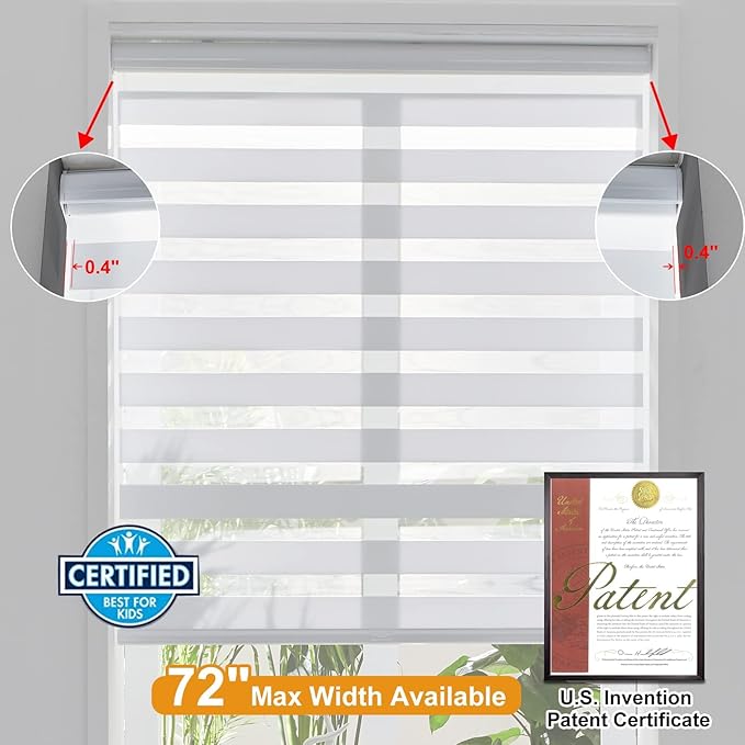 Persilux Dual Layer Polyester Window Shade, Cordless Zebra Blinds, White, 35.5" W x 64" H, Light Filtering, Safe for Kids & Pets, Room Darkening, Thermal Insulated