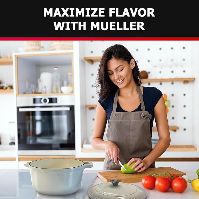 MUELLER HOME 4.5 QT Enameled Cast Iron Dutch Oven, Heavy-Duty Casserole Dish and Braiser Pan with Lid and Stainless Knob, Oven-Safe up to 500° F & Across All Cooktops, Oyster White
