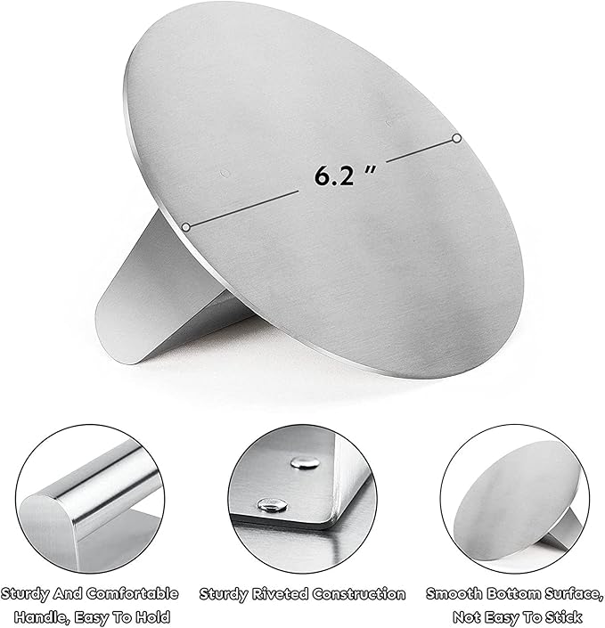 HULISEN Stainless Steel Burger Press, 6.2 inch Round Burger Smasher, Professional Griddle Accessories Kit, Grill Press Perfect for Flat Top Griddle Grill Cooking (Pack of 2)