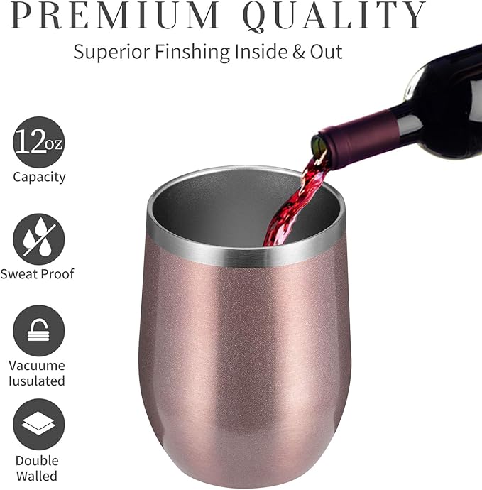 MEWAY 12oz/12 Pack Wine Tumbler Glasses with Lid -Double Wall Vacuum Stainless Steel Travel Tumbler Mug,Stemless Insulated Wine Cup for,Coffee,Cocktails,Gifts (Rose gold,Set of 12)
