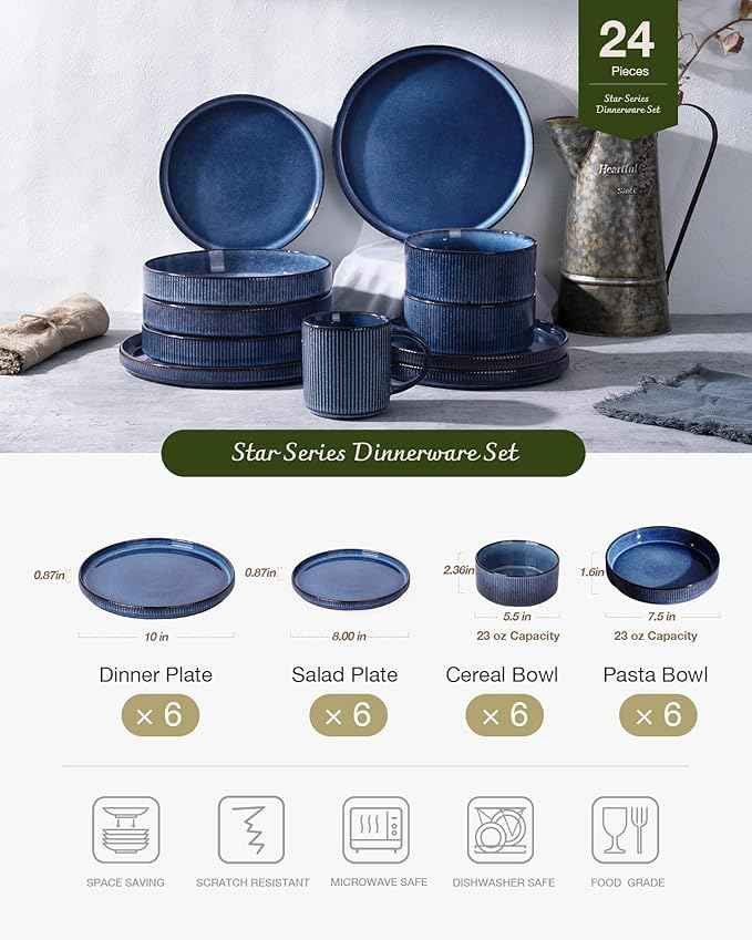 Famiware Star Dinnerware Set with Pasta Bowls, Service for 6 (24 Pieces), Ribbed Stoneware Plates and Double Bowls Sets - Chip & Scratch Resistant, Microwave & Dishwasher Safe Dishes, Nebulas Blue