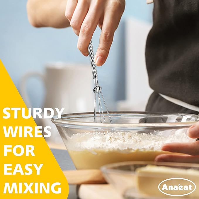 Anaeat Small Wire Whisk Set of 2, Portable Stainless Steel Kitchen Tiny Whisk & Egg Beater with Thick Wire - Sturdy Mini Mixing Balloon for Cooking, Blending, Whiping, Beating and Stirring (6" + 8")