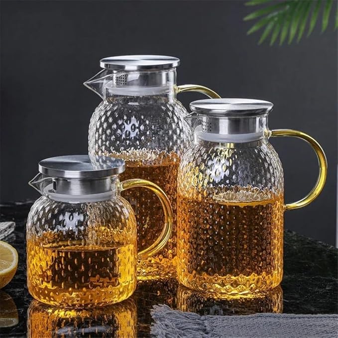 Tea Set Glass Water Pitcher with Filter Lid and Pouring Spout Heat Resistant Carafe for Hot Cold Beverages Homemade Ice Tea Bottle Teapot Set(1.5L)
