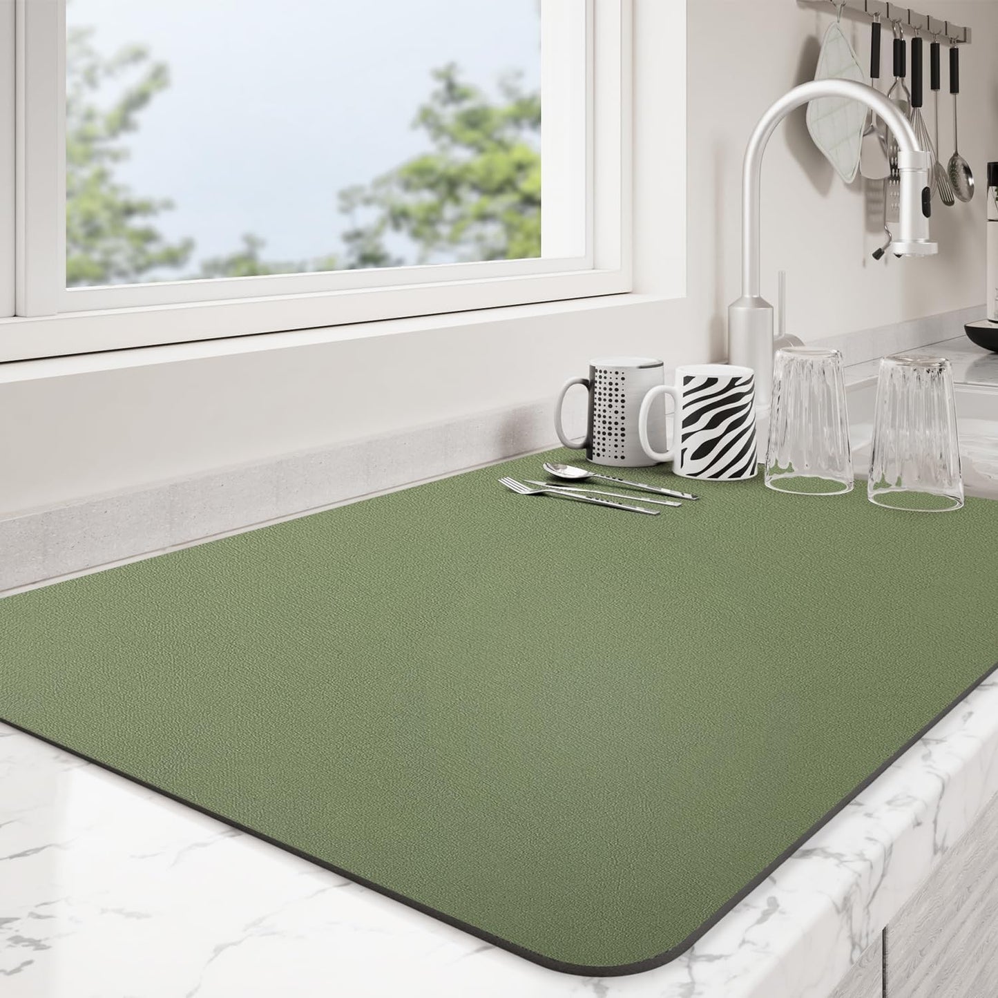 Dish Drying Mat for Kitchen Counter | Coffee Bar Mat for Countertops | Heat Resistant Drainer Mat with Non-slip Rubber Backed | Hide Stain Kitchen Absorbent Draining Mat | Green 18"x28"