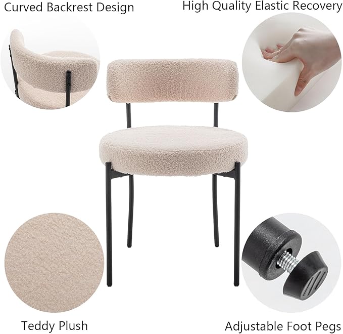 Boucle Dining Chairs Set of 2, Upholstered Dining Room Chairs with Black Metal Legs, Round Modern Dining Chair for Dining Room, Kitchen