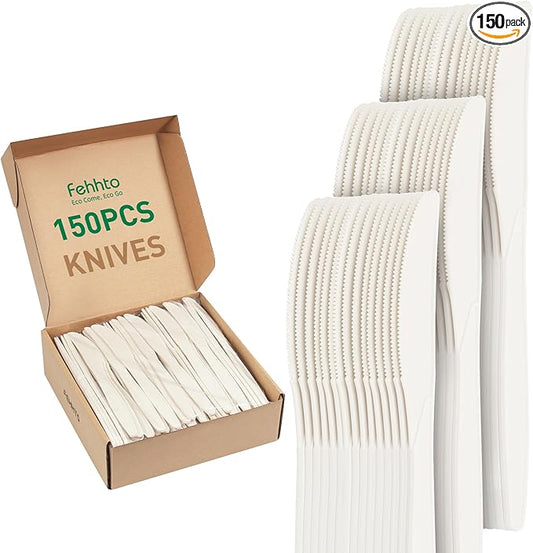 100% Compostable Knives, 7.7" 150pcs Large Disposable Cornstarch Cutlery Heavy Duty Eco-Friendly Utensils Durable and BPI-Certified Party Supplies No Plastic, Ivory White