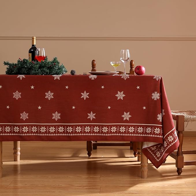 ISAENNE Designer Christmas Red Square Tablecloth,Linen Table Cloth with Snowflakes Pattern,Wrinkle Resistant Decor Tablecloths for Dining Kitchen Thanksgiving Christmas,67"*67"-Carol C