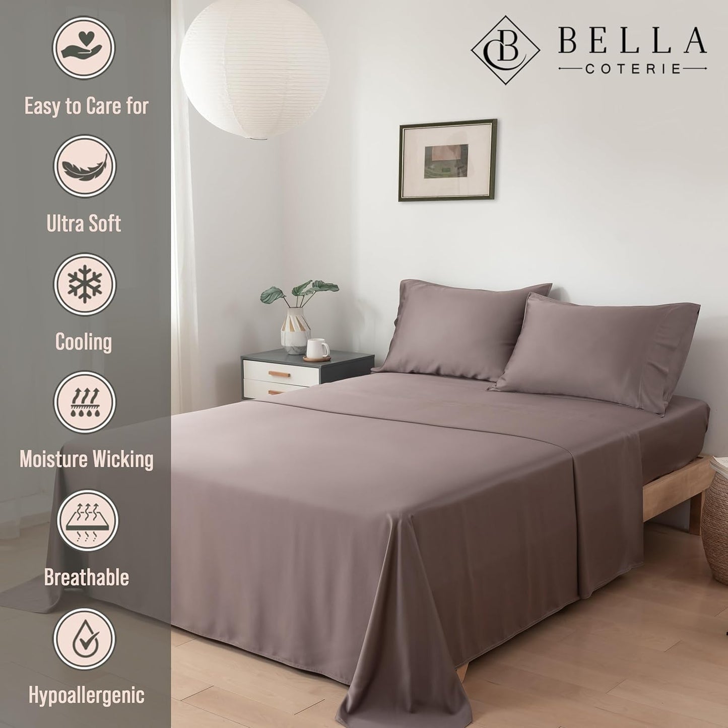 Bella Coterie Luxury Bamboo Viscose Full Size Sheet Set | 100% Organically Grown | Ultra Soft | Cooling for Hot Sleepers | 18" Deep Pocket [Mocha]