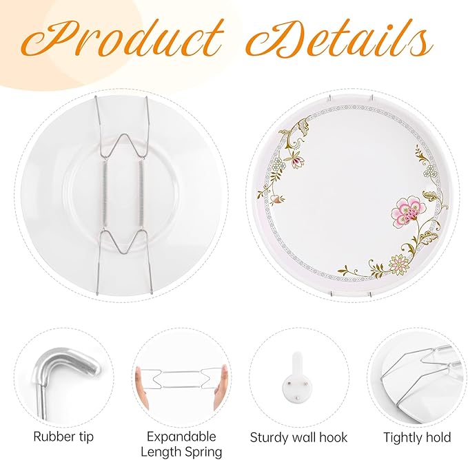 Plate Hangers for The Wall, Suitable for 6-8 inch Decorative Plate, Stainless Steel Wire Plate Holder with Wall Hooks and Rubber tip Protectors, Plate Hangers for Displaying Plates, Platter, Silver