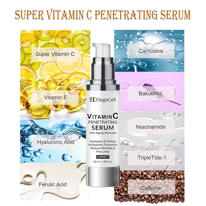 ElegaCell Vitamin C Serum for Women Over 70 - Advanced Anti-Aging Vitamin C Face Super Serum for Mature Skin 1.69 fl oz pack of 1
