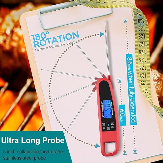 Instant Read Meat Thermometer for Kitchen Cooking, Ultra Fast Precise Waterproof Digital Food Thermometer with Backlight, Magnet and Foldable Probe for Deep Fry, Outdoor BBQ, Grill(RED)