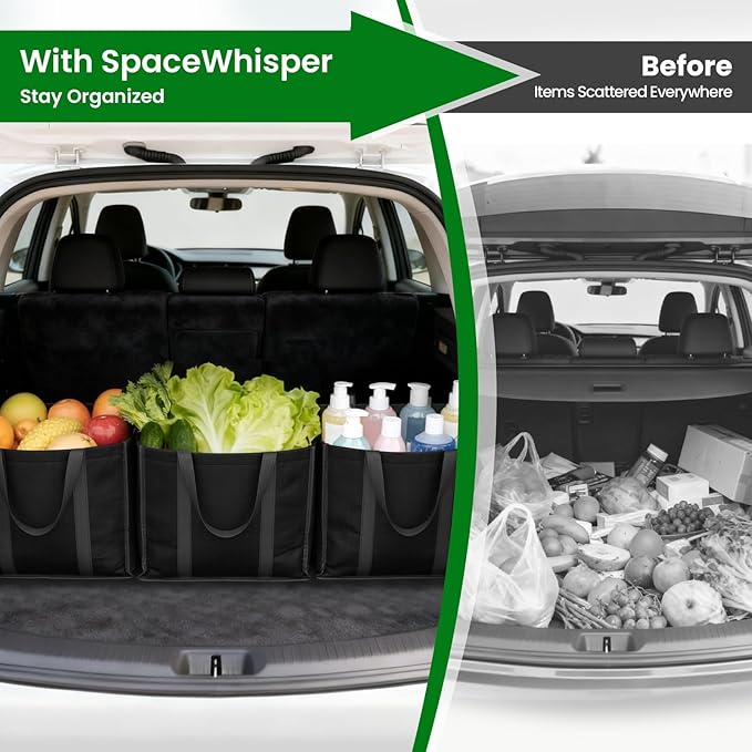 SpaceWhisper Reusable Grocery Bags with Long Handles [6 Pack] - Multipurpose Large Shopping Bags for Groceries, Foldable Grocery Totes Resist Water & Stains for Kitchen, Car Trunk, Picnic (Black)