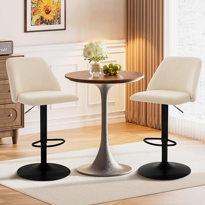 COLAMY Bar Stools Set of 1, Modern Swivel Bar Chairs, Adjustable Upholstered Barstools Counter Height with Full Backrest for Bar, Dining Room, Kitchen Island, Beige
