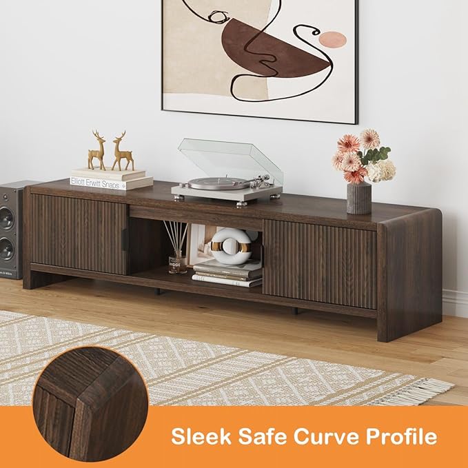 FATORRI TV Stand for 75/65/55 Inch TVs, Mid Century Modern Entertainment Center with Storage, Wood Waveform Fluted-Door Television Media Console for Living Room, Bedroom (63 Inch W, Dark Walnut)