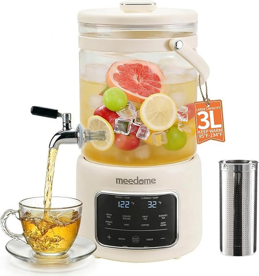 3L Electric Kettle & Beverage Dispenser with Infuser, Spigot - All-in-One Health Pot for Iced Tea/Coffee, Temperature Control, Glass Pitcher - Home & Office Use