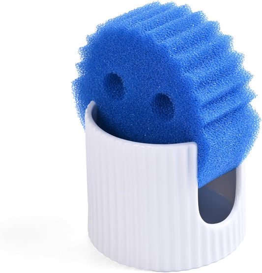 Ceramic Sponge Holder for Kitchen Sink - White Dish Sponge Caddy, Scouring Pads Drying Rack for Countertop