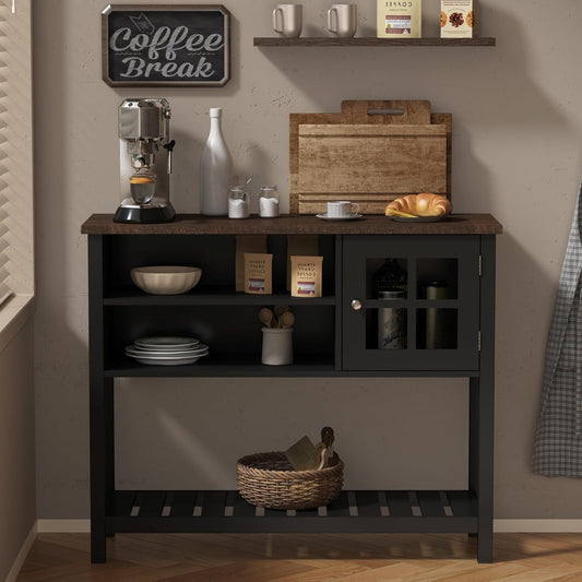 ChooChoo Farmhouse Coffee Bar Cabinet, Buffet Cabinet with Storage, Sideboard Buffet with Glass Door, Console Table for Kitchen, Hallway, Entrance, Black