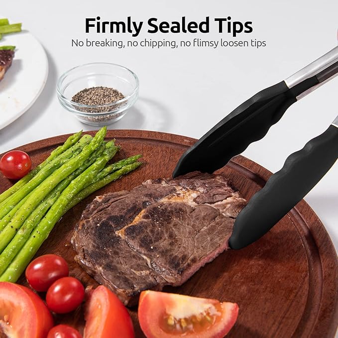 Heat Resistant Silicone Kitchen Tong: U-Taste 16 inch Extra Long Large 480ºF Hot Proof Cooking Tong with Sturdy Non Stick Rubber Tips & Non Slip Silicon Coated Steel Handle for Grilling BBQ (Black)