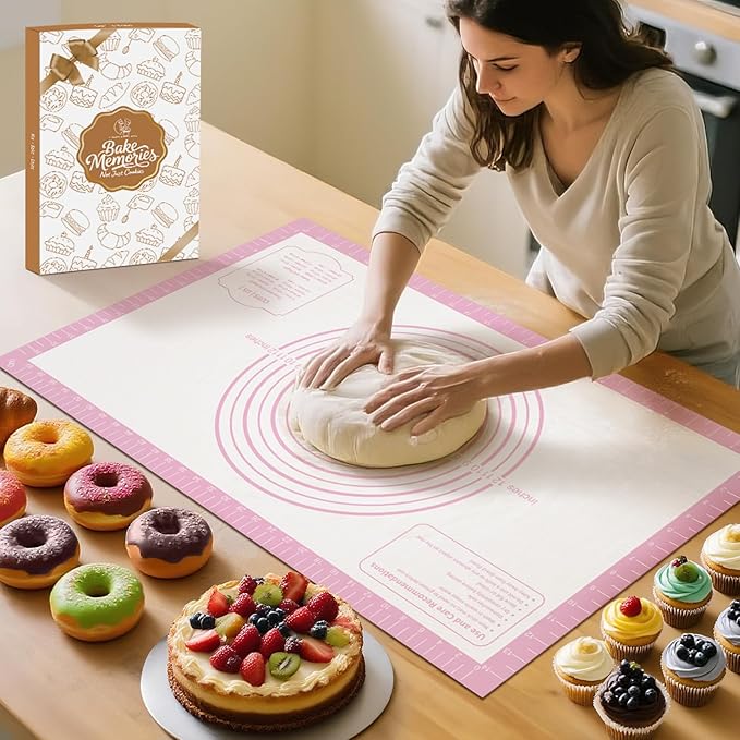 Silicone Pastry Mat for Dough Rolling, Extra Large Silicone Baking Mat with Measurements, Baking sheet for Cookies Fondant Pie Crust, Pink 28X20 INCH