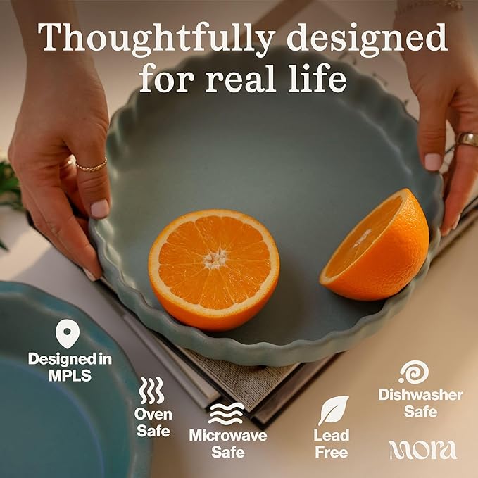 MORA Ceramic Tart Pan, 9.5 Inch Large Porcelain Baking Dish for Tarts, Quiche, Pie, Flan etc. Fluted Ruffled Edge, Oven, Microwave, Freezer, and Dishwasher safe - Great Gift For Bakers - Liquorice