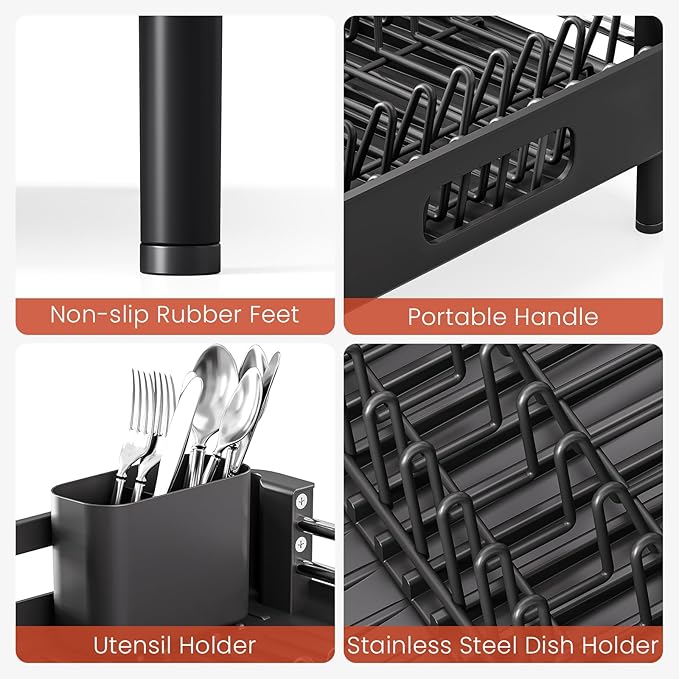 TOOLF Dish Drying Rack, Expandable Dish Rack for Kitchen Counter, Anti-Rust Dish Drainer, Sink Organization and Storage Essentials with Cutlery & Cup Holder, Black
