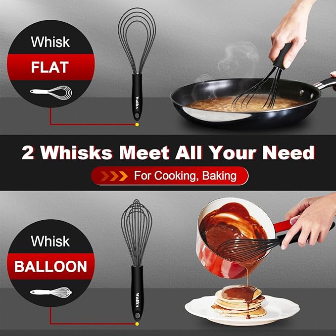 Walfos Whisk Silicone Whisks set, Non Scatch Coated Whisks for Cooking and Baking, Heavy Duty Set of 4 Kitchen Whisk - 11'' Flat Wisk and 7''+10''+12'' Balloon.
