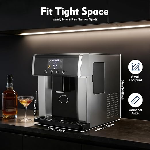 2-in-1 Ice Maker & Water Dispenser, 3 Ice Sizes in 8-12 Mins, Countertop Ice Maker Built-in Water Dispenser, Stainless Steel Ice Machine with Ice Scoop for Kitchen, Office, Party